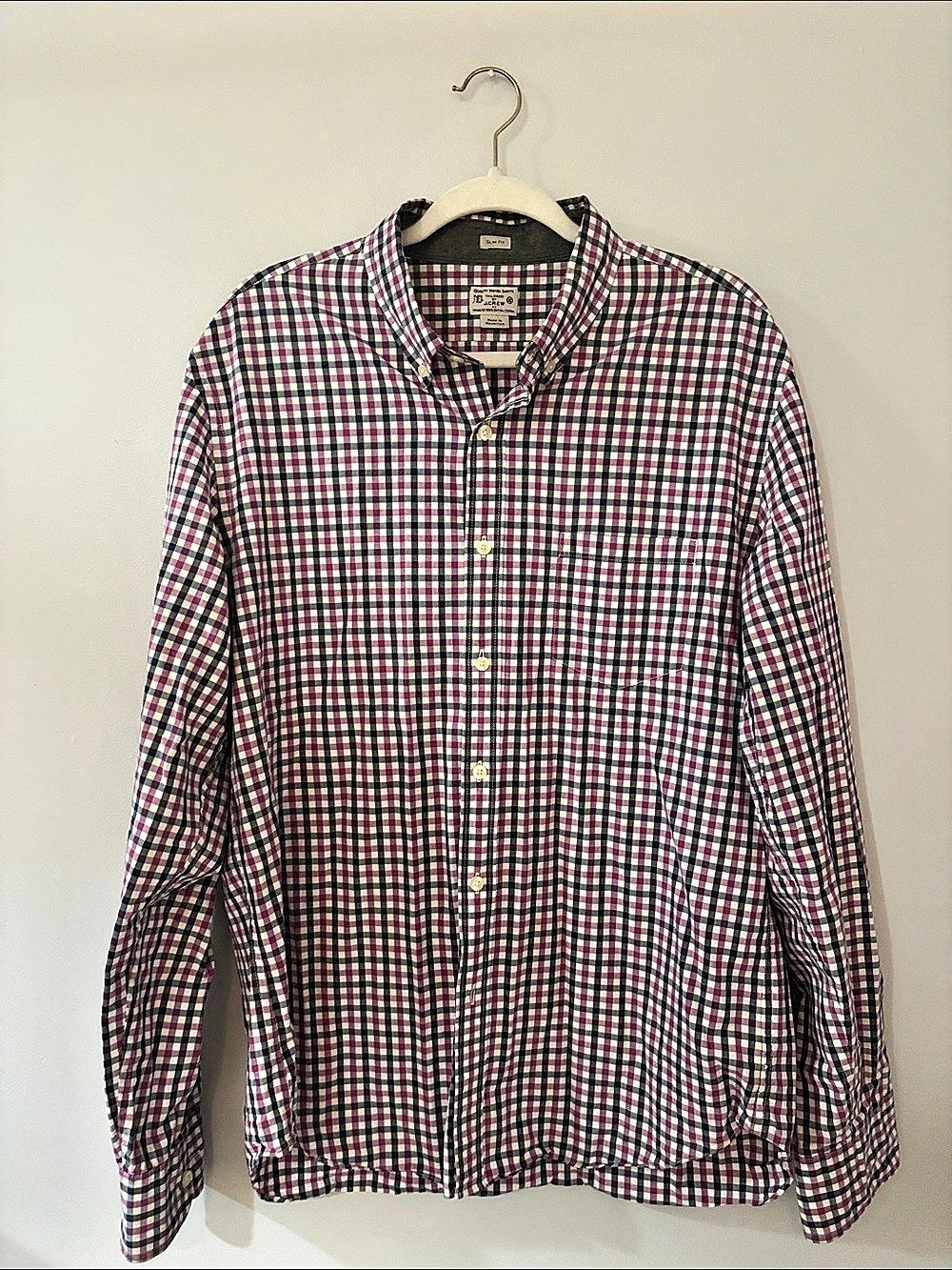 J.Crew Slim Fit Gingham Cotton Shirt in Purple & White Size Medium
